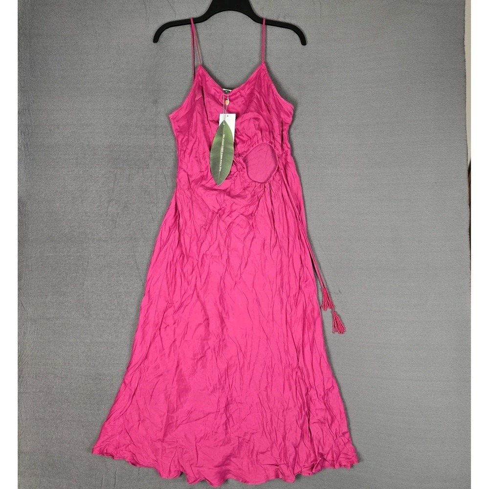 FARM RIO Pink Slip Midi Dress Womens Medium Satin Cut-Out Drawstring Tassel NWT